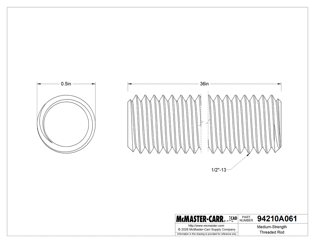 Technical Drawing of Medium-Strength Threaded Rod, Black-Oxide Grade B7 Steel, 1/2"-13 Thread Size, 3 Feet Long.